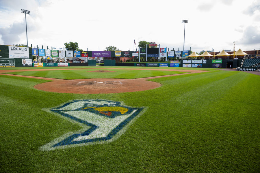 view of a baseball field from behind home plate