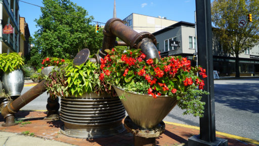 pots of flowers on the corner of a city street