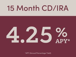 graphic showing 15 month CD/IRA rate of 4.25% APY