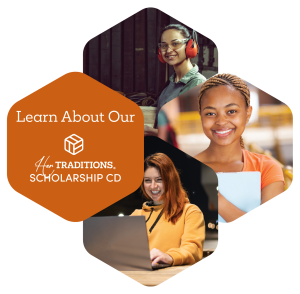 group of images of smiling woman working in the trades, a smiling woman student, and a happy student working on a laptop along with a graphic stating "Learn About Our Her Traditions Scholarship CD"