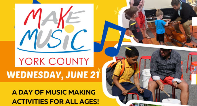 Make Music Day York County Flyer with pictures of adults and children playing music together
