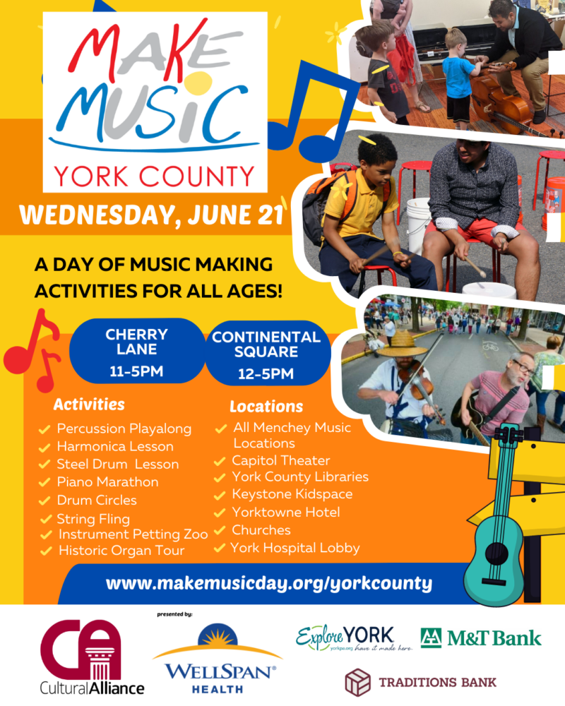 Make Music Day York County Flyer with images of adults and children playing various instruments and a list of activities and locations
