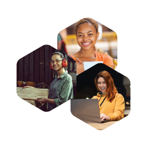 group of images of smiling woman working in the trades, a smiling woman student, and a happy student working on a laptop