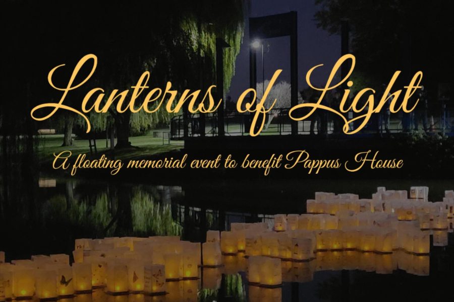 Lanterns in a pond in a park with text Lanterns of Light. A floating memorial event to benefit Pappus House